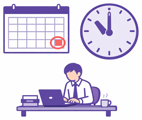 カレンダーと時計の下で残業する担当者のイラスト